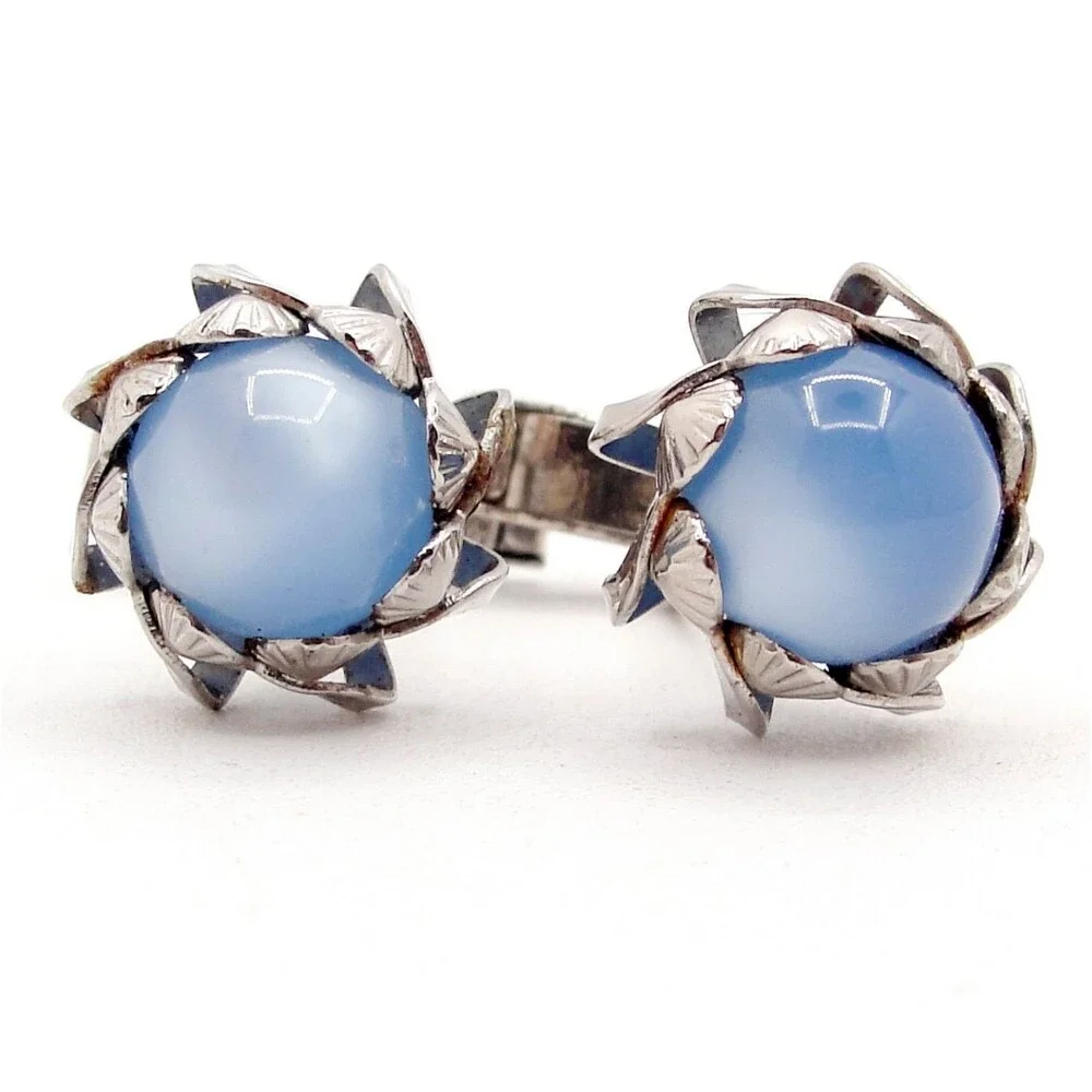 Vintage Silver Blue Moonglow Cabochon Glass Ginkgo Biloba Leaf Cufflinks MCM